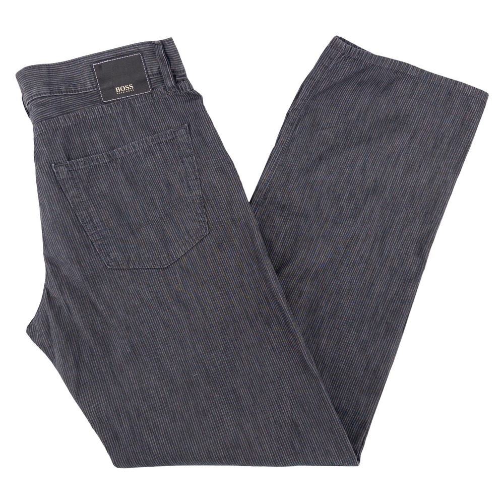 Hugo Boss Mens 36x34 Texas Pants Grey Striped Cotton Straight Leg Trousers